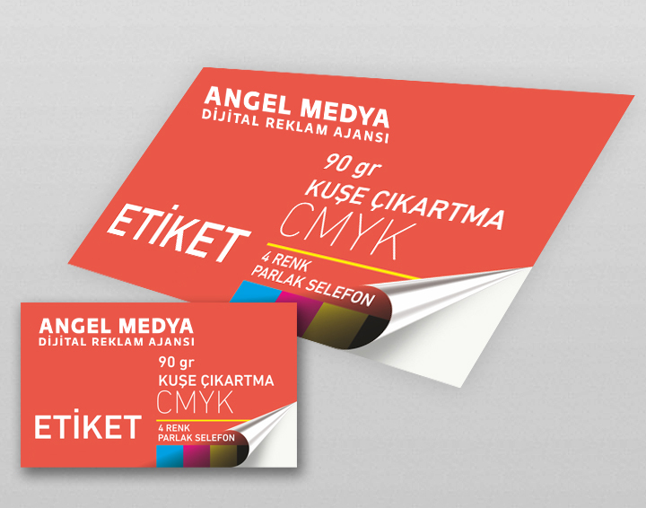 Ebat : 8,3x5,1 cm     Kod : AngelE  90 gr. Kuşe Çıkartma - 4 Renk - Parlak Selefon
